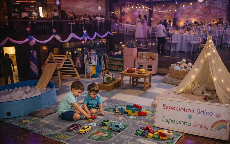 Espaço kids montado pela KR Arte Lúdica em casamento